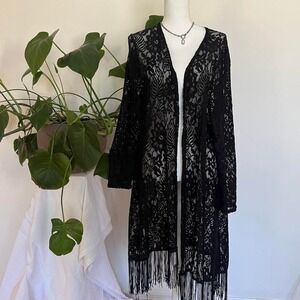 Y2K Whimsigoth Black Lace Long Sleeve Cardigan with Fringe Hem 3X Plus Size
